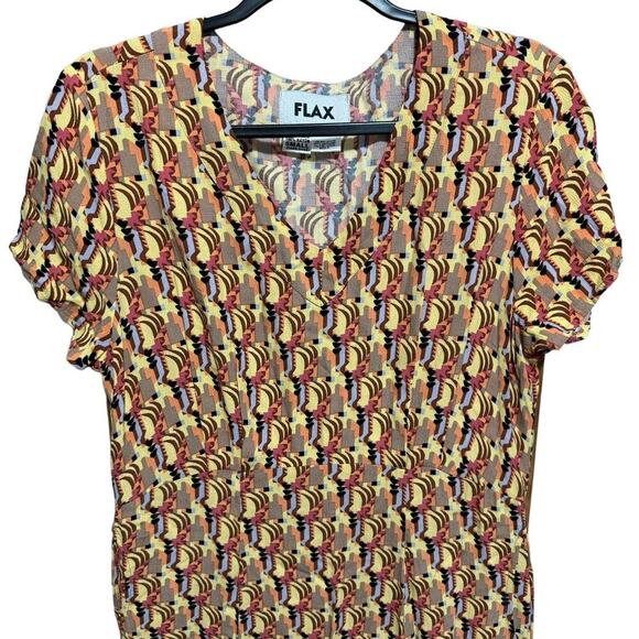 Flax Geometric Shirt Dress Maxi V Neck Relaxed Fit Yellow Purple Size Small - Picture 3 of 10